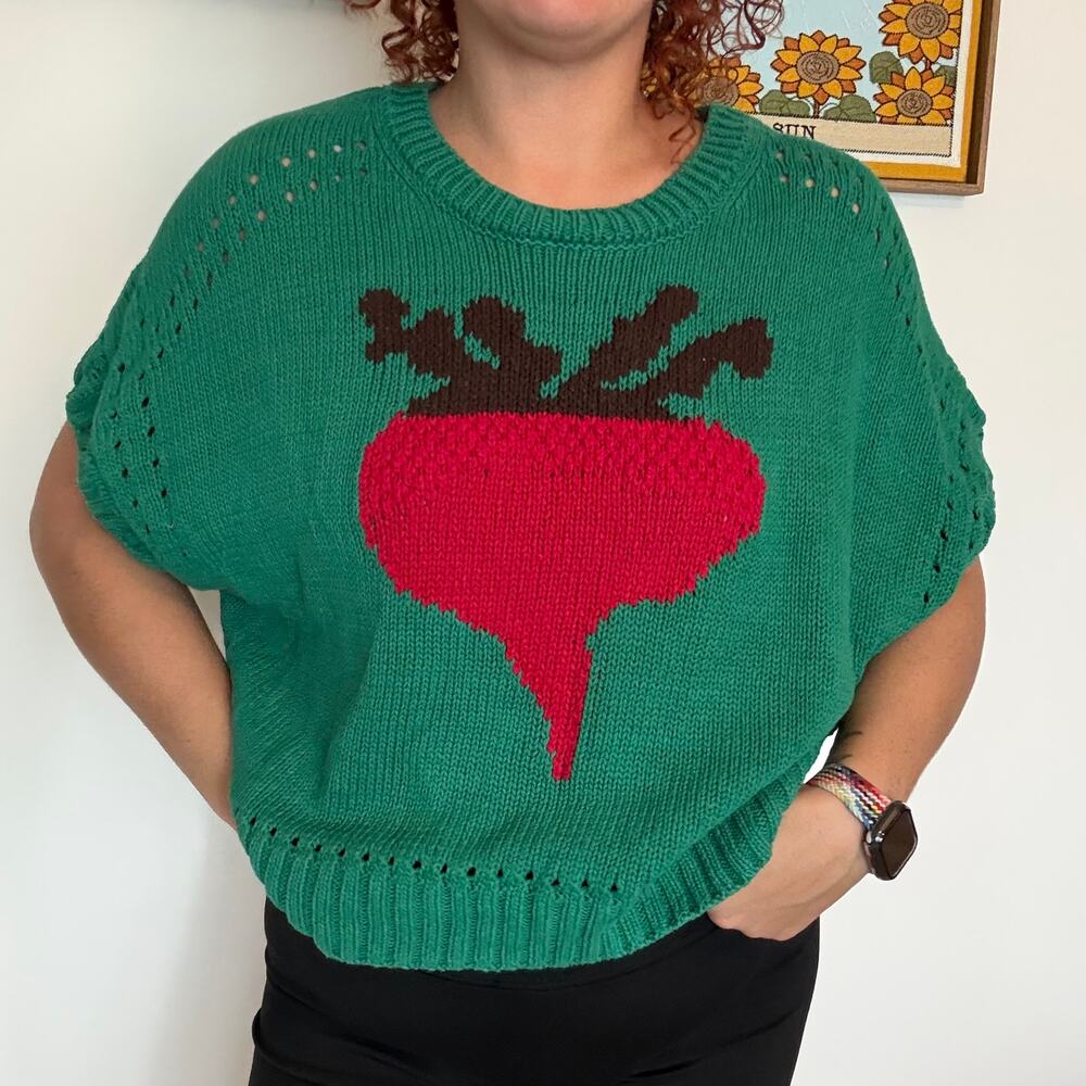 Anthropologie Maeve Short Sleeve Turnip Veggie Motif Sweater XL